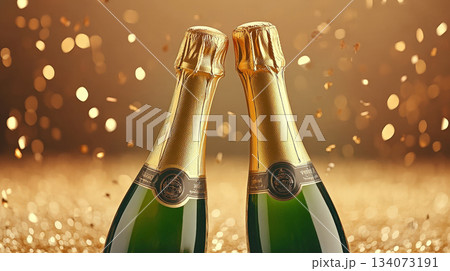 Festive background Christmas and New Year celebration. Bottles champagne minimalist and sparkles gold glitter green bokeh background. Festive banner concept. 134073191