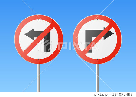No Left Turn and No Right Turn Road Signs on Blue Sky Background. Realistic 3d Vector Prohibition Traffic Signs. Driving Rules, Street Warning Symbol for Road Safety Concept 134073493