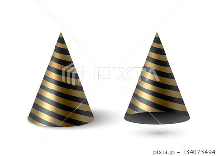 Vector 3d Realistic Party Hat Set. Glossy Celebration Party Hat for Birthday. New Year, Holiday Event, Carnival Decoration. Festive Accessory. Party Hat Illustration Vector 3d Realistic Party Hat Set. Glossy Celebration Party Hat for Birthday. New Year, Holiday Event, Carnival Decoration. Festive Accessory. Party Hat Illustration 134073494