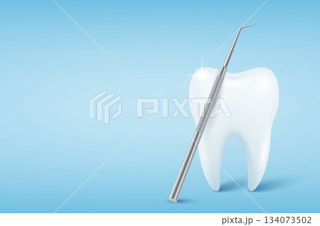 Vector 3d Realistic Tooth. Healthy White Tooth with Dental Probe on Blue Background. Dental Explorer Tool. Oral Care Tooth Concept. Dentist Equipment and Tooth Examination 134073502