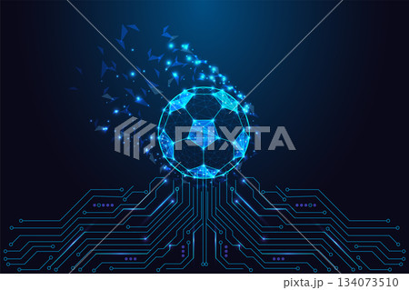 Futuristic digital soccer ball with glowing polygonal network and tech circuit background vector 134073510
