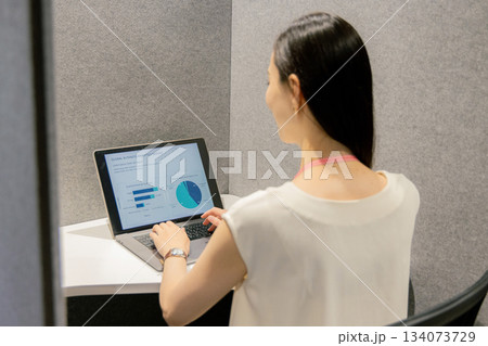 コワーキングスペースでパソコンを操作する女性 コワーキングスペースでパソコンを操作する女性 134073729