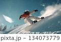 Snowboarder doing trick with white snowboard on snow, ai generated Snowboarder doing trick with white snowboard on snow, ai generated 134073779