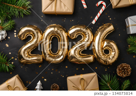 Decorative inflated foil balloon 2026 numbers, christmas font mockup dark background 134073814