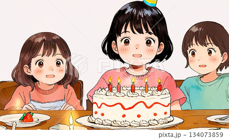 誕生日会_3人の子供たちとバースデーケーキ_笑顔_仲良し 134073859