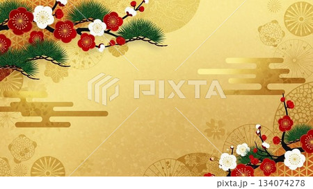 梅や松の装飾を散りばめた華やかな金色の和風背景デザイン 134074278