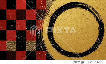 赤黒の市松模様と金の円が組み合わさった和柄背景デザイン 134074295