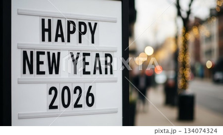 街の看板に表示された「Happy New Year 2026」の年始イメージ 街の看板に表示された「Happy New Year 2026」の年始イメージ 134074324