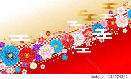 赤色の背景に華やかな和柄模様を散りばめた和風デザイン背景 134074341