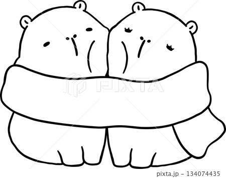 Two Kawaii Capybara Valentine Outline Cartoon Hugging in Scarf 134074435