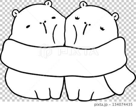 Two Kawaii Capybara Valentine Outline Cartoon Hugging in Scarf 134074435