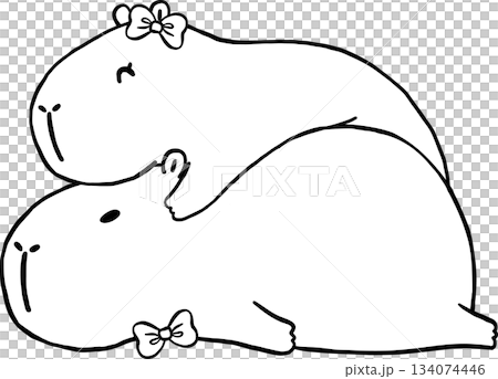 Two Kawaii Capybaras Valentine Outline Cartoon hugging 134074446