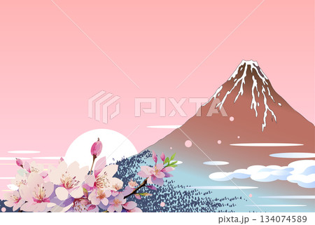 赤富士に桜咲く春 134074589