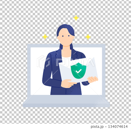Prevent information leakage Green shield and check mark Woman delivering safe email Illustration material 134074614