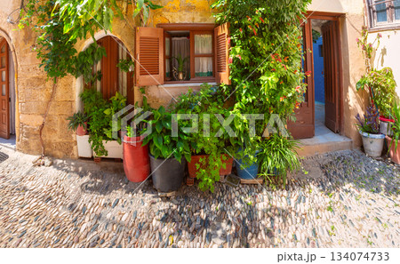 Old Town house facade in Rhodes, Greece 134074733