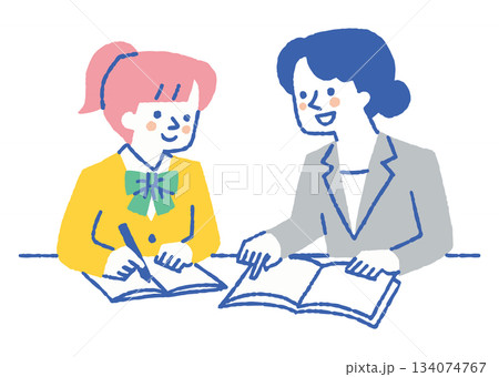 先生から勉強を教わる女子学生_色 先生から勉強を教わる女子学生_色 134074767