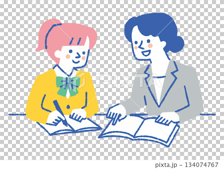 先生から勉強を教わる女子学生_色 先生から勉強を教わる女子学生_色 134074767