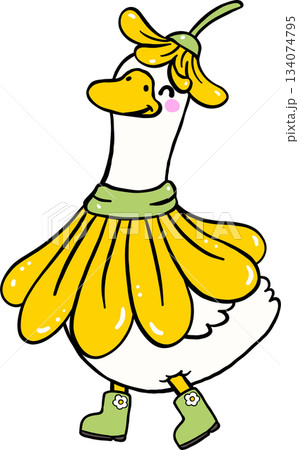 Cartoon Spring Silly Goose with Flower Costume Hand Drawn Cartoon Spring Silly Goose with Flower Costume Hand Drawn 134074795