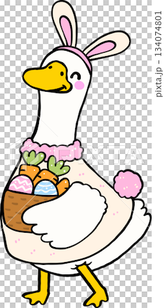 Cartoon Spring Silly Goose Wearing Bunny Ears with Easter Basket Costume Illustration 134074801
