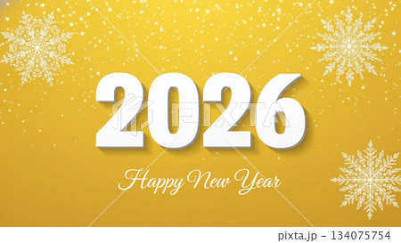 金色に輝く背景に雪の結晶と「2026 Happy New Year」の文字が入った年賀素材 134075754