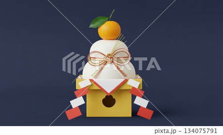 青背景に置かれた鏡餅の正月飾り（新年・和風イメージ） 134075791