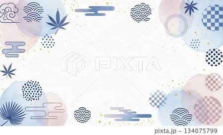 水彩風の和柄モチーフで囲まれた上品なフレーム背景素材 134075799