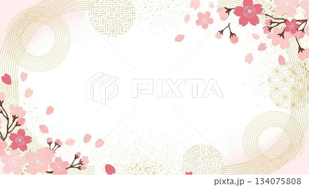 淡いピンクの梅と桜が散りばめられた和風フレーム背景素材 134075808