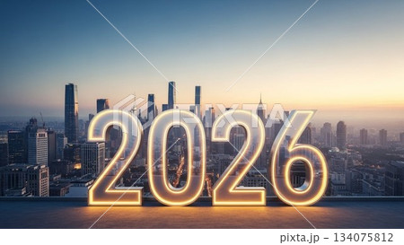 都市の夜景を背景にした2026数字デザイン（未来・テクノロジー風 134075812