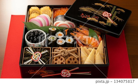 黒塗り重箱に盛り付けられた華やかなおせち料理の正月祝い写真 黒塗り重箱に盛り付けられた華やかなおせち料理の正月祝い写真 134075817