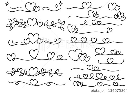 ハートの手描き区切り線セット|シンプル装飾ライン ハートの手描き区切り線セット|シンプル装飾ライン 134075864