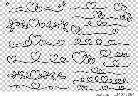ハートの手描き区切り線セット|シンプル装飾ライン ハートの手描き区切り線セット|シンプル装飾ライン 134075864