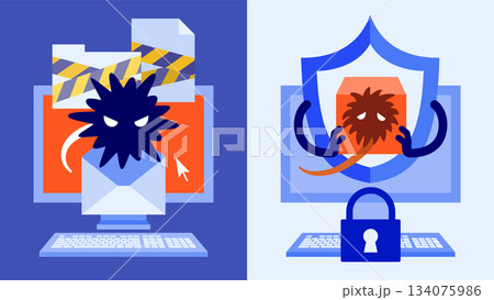 暗号化の瞬間とEDR遮断の対比イラスト 134075986
