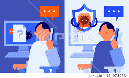 不審プロセス放置と自動隔離の対比イラスト(男性) 不審プロセス放置と自動隔離の対比イラスト(男性) 134075988