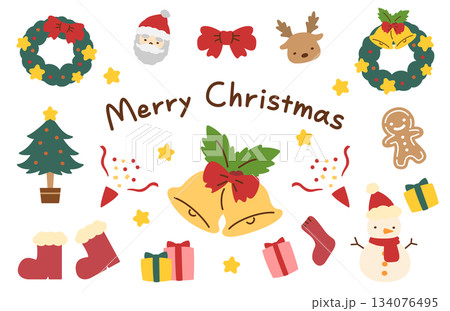 手描き風のかわいいクリスマスイラスト素材セット 134076495
