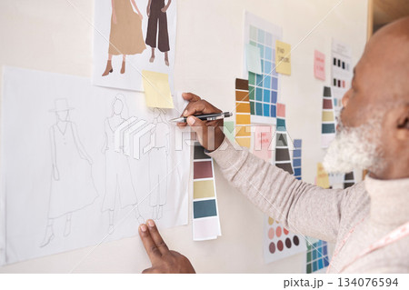 Creative businessman, drawing and fashion designer for planning, illustration or clothing idea on office wall. Man artist, color palette and production for design, development strategy or startup 134076594