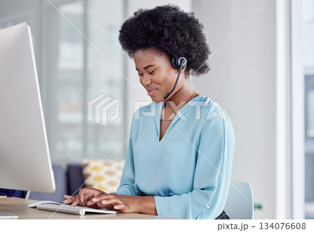 Call center, consulting and typing with black woman at computer in office for networking, online or customer service. Happy, contact us and help desk with employee for technology, virtual or research 134076608
