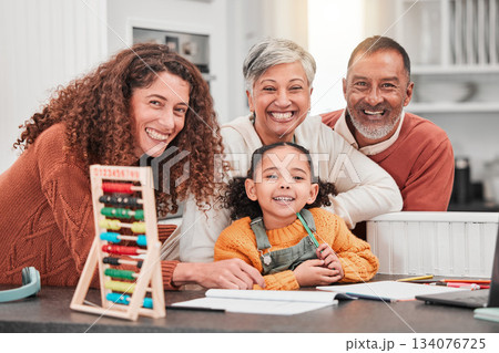 Education, homework and portrait of happy family with child for helping, learning and lesson at home. Grandparents, parents and happy girl smile with notebook, educational toys and abacus for school Education, homework and portrait of happy family with child for helping, learning and lesson at home. Grandparents, parents and happy girl smile with notebook, educational toys and abacus for school 134076725