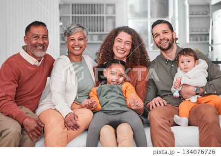 Family, portrait and children happiness in a home with mother, grandparents and baby together. Parent love, smile and dad with elderly people and child in a house living room with support and care Family, portrait and children happiness in a home with mother, grandparents and baby together. Parent love, smile and dad with elderly people and child in a house living room with support and care 134076726