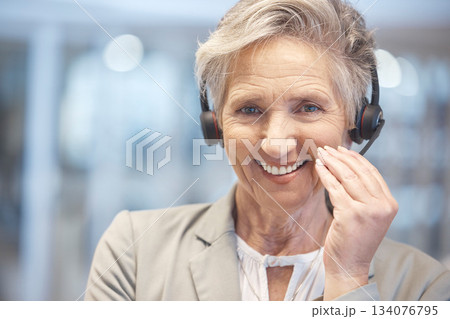 Portrait, smile and senior woman in call center in office with pride for customer service career. Face, telemarketing and happy, proud and confident sales agent, person or professional from Canada. 134076795