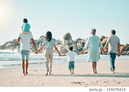 Holding hands, beach and rear view of big family walking at the sea, fun and travel on blue sky background. Behind, love and children with parents and grandparents on an ocean walk traveling in Miami 134076816