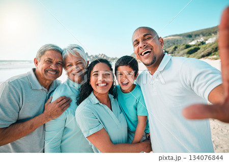 Family, outdoor and beach selfie on summer vacation with child, parents and grandparents. Men, women and boy kid portrait together in nature for travel, adventure and holiday with love and care Family, outdoor and beach selfie on summer vacation with child, parents and grandparents. Men, women and boy kid portrait together in nature for travel, adventure and holiday with love and care 134076844
