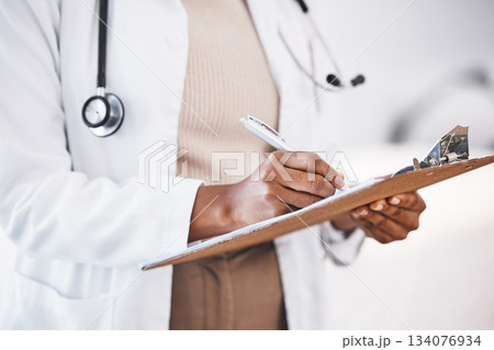 Doctor, woman hands and clipboard with consultant contract and insurance agreement document. Hospital, clinic and healthcare worker with writing and paperwork for report and surgeon application 134076934