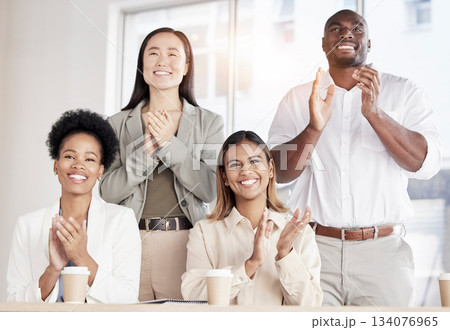 Business people, startup office and applause for celebration, award and together with diversity in team. Black man, women and teamwork with success, event and crowd with goals, mission or achievement 134076965