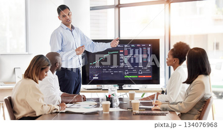 Business people, coach and stock market presentation in meeting for trading, graph and chart monitoring at office. Businessman coaching or training staff in finance, cryptocurrency or investments Business people, coach and stock market presentation in meeting for trading, graph and chart monitoring at office. Businessman coaching or training staff in finance, cryptocurrency or investments 134076968