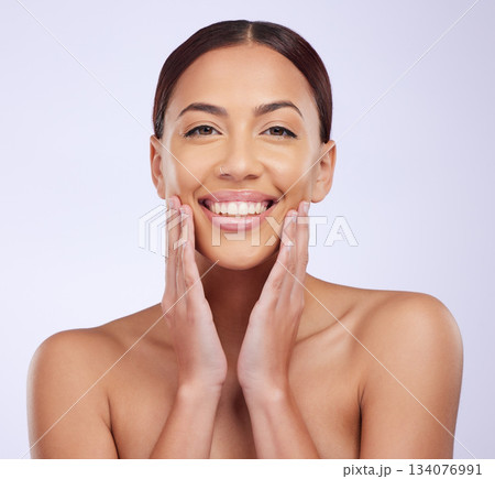 Woman portrait, natural beauty and skincare in a studio with happiness and smile from dermatology. Skin glow, facial and cosmetics of a female model feeling happy from self care and face wellness Woman portrait, natural beauty and skincare in a studio with happiness and smile from dermatology. Skin glow, facial and cosmetics of a female model feeling happy from self care and face wellness 134076991