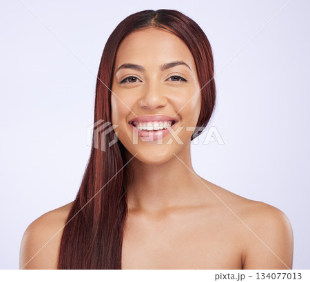 Hair care, beauty and portrait of woman with smile, straight hairstyle and luxury salon treatment on white background. Haircare, haircut and happiness, happy face of Brazilian model in studio mockup. Hair care, beauty and portrait of woman with smile, straight hairstyle and luxury salon treatment on white background. Haircare, haircut and happiness, happy face of Brazilian model in studio mockup. 134077013