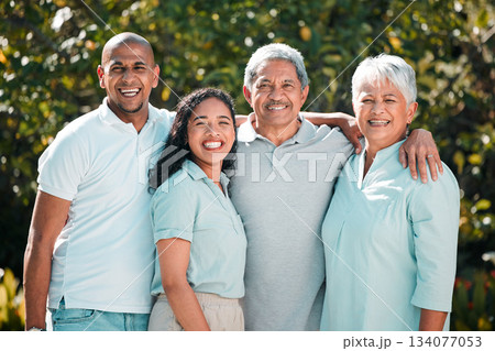 Family, love or portrait with an old couple, daughter and son in law bonding outdoor in the garden together. Happy, smile or bonding with a man and woman at their senior parents for a visit in summer Family, love or portrait with an old couple, daughter and son in law bonding outdoor in the garden together. Happy, smile or bonding with a man and woman at their senior parents for a visit in summer 134077053