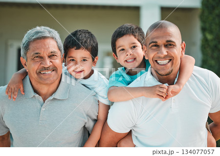 Grandfather, father and children portrait outdoor for piggyback in backyard with smile, love and care. Man, senior and boy kids family at house for security and quality time with happiness or support Grandfather, father and children portrait outdoor for piggyback in backyard with smile, love and care. Man, senior and boy kids family at house for security and quality time with happiness or support 134077057