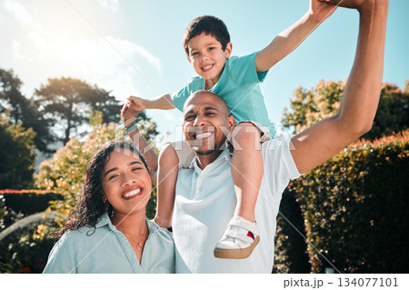Mother, father and child portrait outdoor as family at nature park with a smile, love and care. Man, woman and boy kid with parents together for security, playing and quality time with happiness 134077101