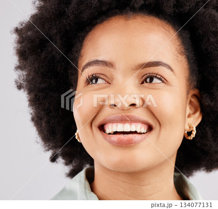 Smile, thinking and woman with ideas, decision and opportunity against a white studio background. Female model, ponder and person with happiness, thoughts and wonder with mindset, future and fantasy 134077131